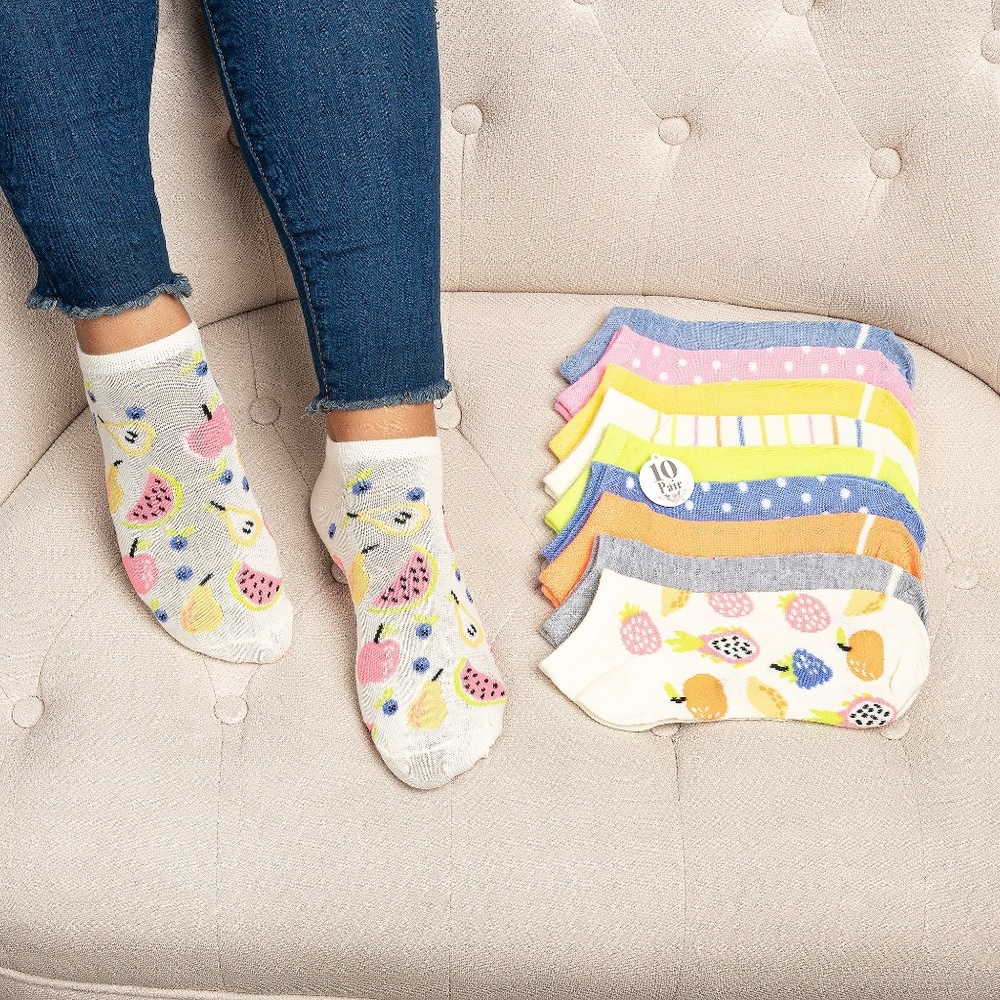10 PAIR VALUE‎ PACK COLOR & FRUITS PRINT  LOW SOCKS